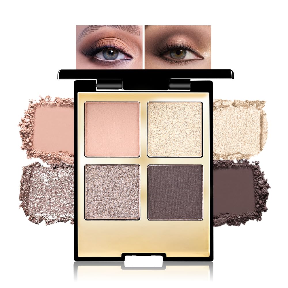 Eyeshadow Quad Makeup Palette – 4 Shades of Nude, Rose, Gold, Brown Tones, Blendable Matte & Shimmer, Long-Lasting Waterproof, Perfect for Mature & Young Women, with Built-In Mirror 02#