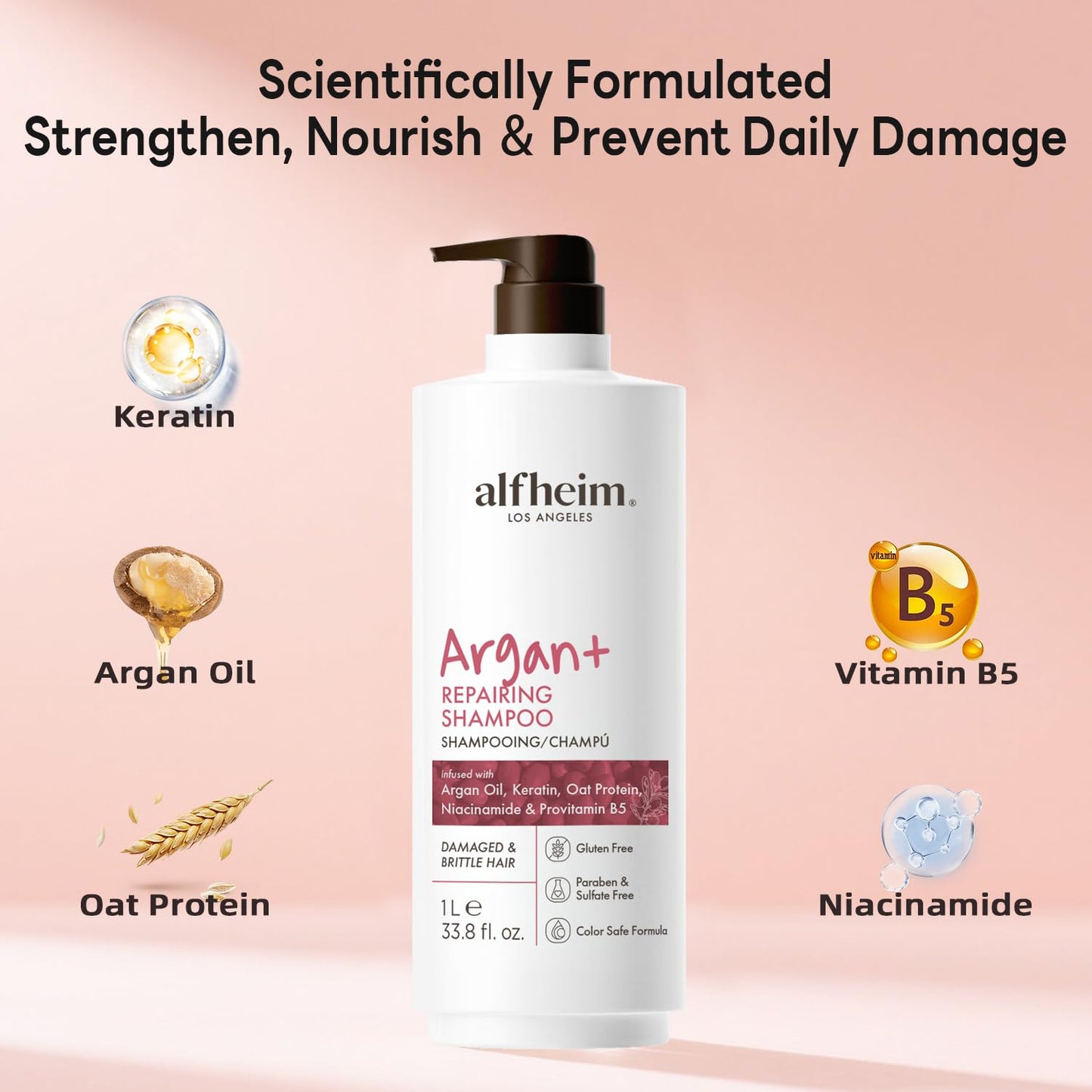 ALFHEIM Argan+ Repairing Shampoo for Dry, Damaged & Frizzy Hair with Moroccan Argan Oil, Keratin, Panthenol & Vitamin E – Deep Repair, Moisture & Shine – Color Safe, Sulfate Free – 33.8 oz