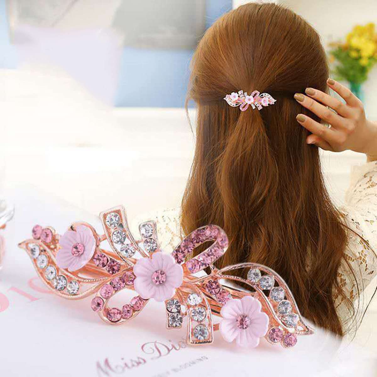 3 PCS Luxurious Flower Metal French Barrettes Hair Claps Alloy Rhinestones Hair Accessories Women Girls 6cm, 1-tf Multicolor B