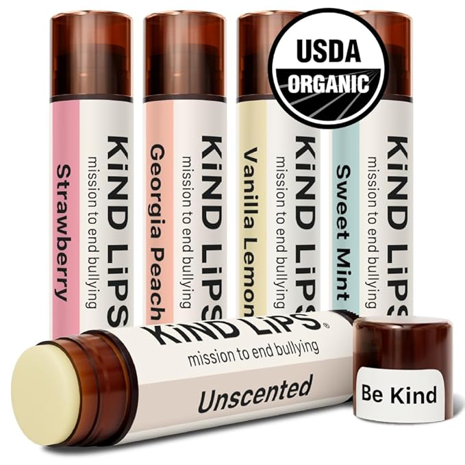 Kind Lips Variety Lip Balm Pack – 5 Flavors (Sweet Mint, Vanilla Lemon, Georgia Peach, Strawberry, Watermelon) – Natural Chapstick Alternative, Organic, Gluten & Grain Free, Made in USA