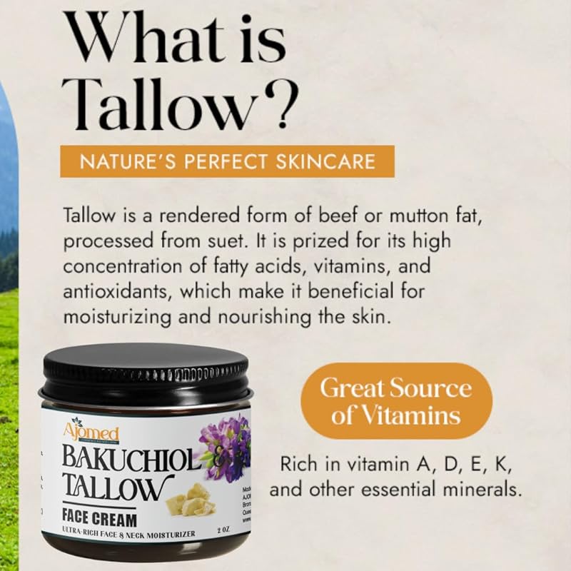 Beef tallow face cream with 2% Bakuchiol oil- Handmade NON GREASY anti aging tallow for skin- face moisturizer, Natural retinol- eczema cream, anti wrinkle, fine lines (Unscented/herbal)