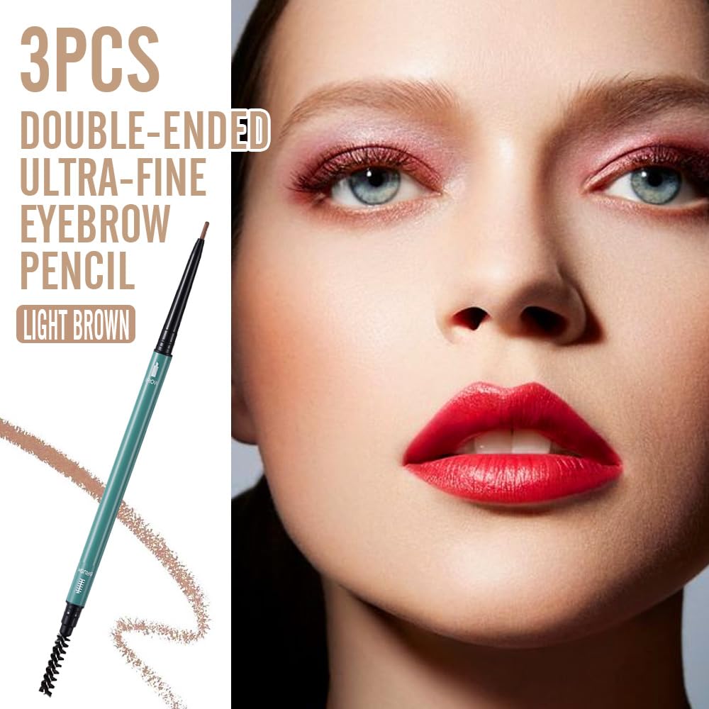 3 Pcs Light Brown Eyebrow Pencils for Women,with Spoolie Brush,Eyebrow Pencil Soft Textured,Waterproof Sweat-proof for Fills in Sparse Areas and Gaps Create a Natural Eye Brow,Vegan & Cruelty-Free