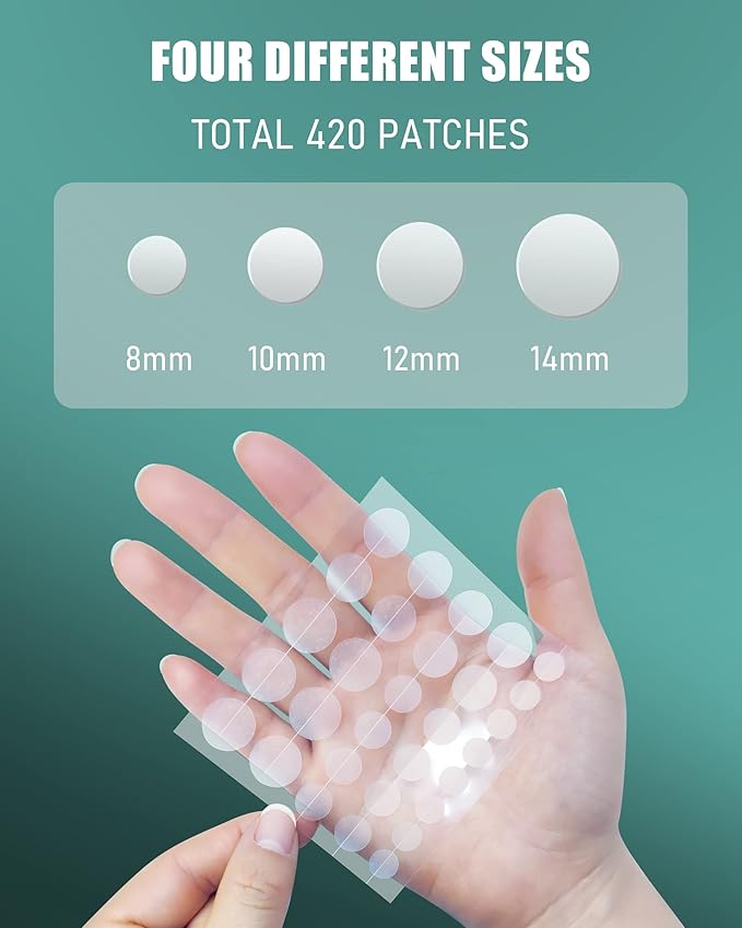 Pimple Patch 420 Counts 4 Sizes, Hydrocolliod Acne Patch for Face, Invisible Zit Patch with Tea Tree Oil & Calendula Oil, Blemish Patch, Vegan and Cruelty Free