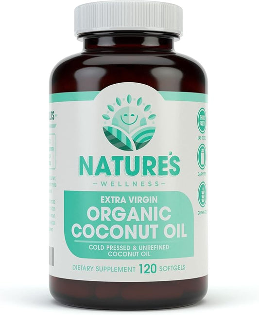 Natures Wellness Organic Coconut Oil 2000mg - Healthy Skin, Nails, Hair Growth – Extra Virgin, Cold Pressed, Unrefined Non GMO - Rich in MCT MCFA - Support Brain Function