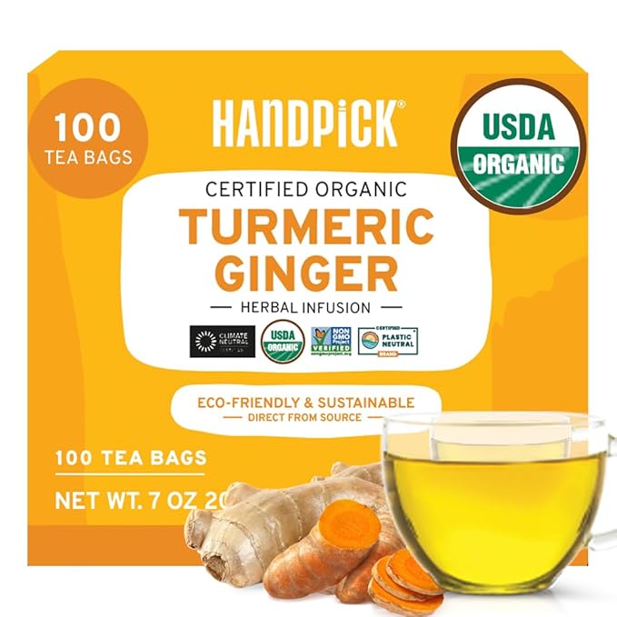 HANDPICK, Organic Turmeric Ginger Tea, 100 Eco-Conscious Tea Bags | Caffeine Free, Gluten Free, Non-GMO | 100% Pure Herbal Blend - Savory & Spicy