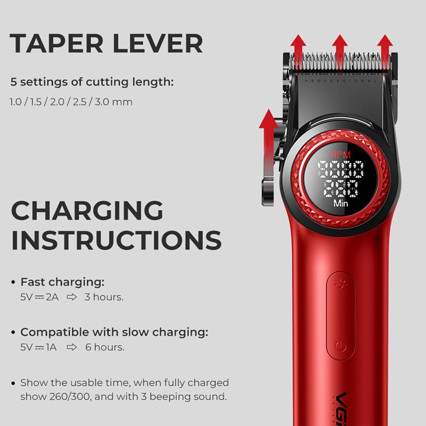 VGR 001 Professional Hair Clippers for Men, Cordless Barber Clippers for Hair Cutting, Carbon Steel Blade Hair Trimmers for Barbers, 9000RPM, LED Display, Red
