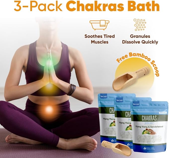 Chakras Bath Salt (3 Pack with Scoop) USP Epsom Salt with Natural Ylang Ylang and Sandalwood Essential Oils Plus Vitamin C in BPA Free Pouch with Easy Press Lock Seal Made in USA Bundle 6 Lbs Total
