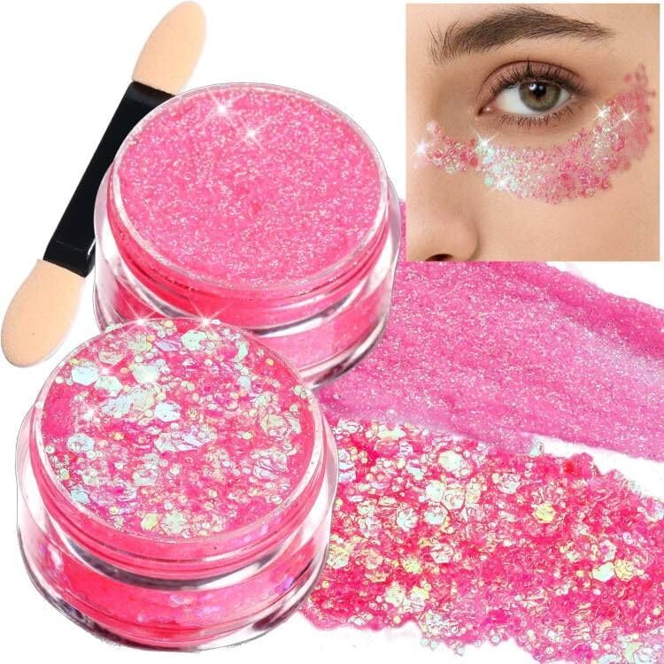 Teenitor Face Glitter, 2pcs Pink Body Glitter Gel, 20g/0.7oz Makeup Glitter for Face, Body, Eye, Hair Glitter Gel, Pink Glitter Gel for Face & Body - 2 Sizes, Festival Glitter Gel