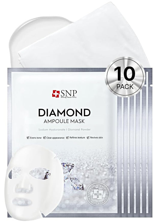 SNP [K Beauty Diamond Ampoule Sheet Mask | Tightening, Hydrating, and Nourishing with Real Diamonds for All Oily Skin Types | Korean Face Mask Skincare | Facial Moisturizing | 10 Sheets