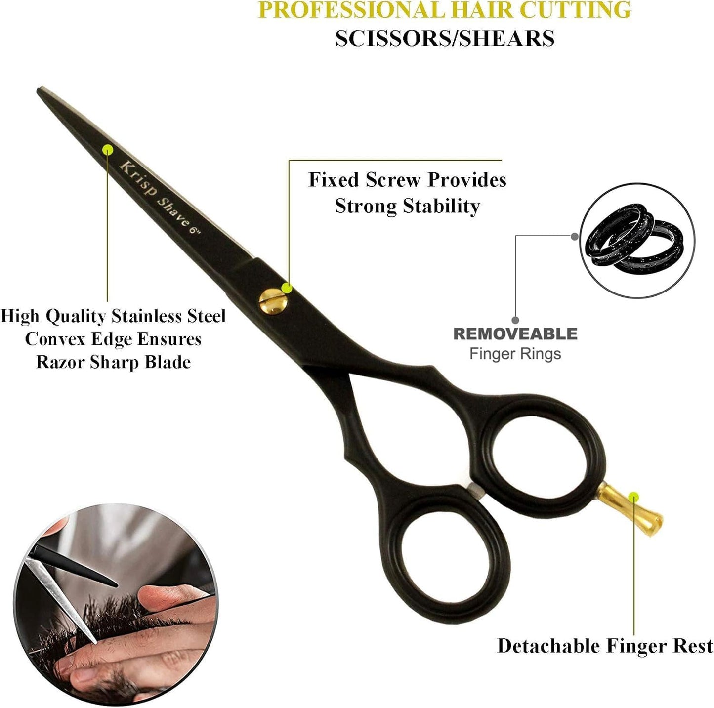 Professional Hair Cutting Scissors - Krisp Shave Stainless Steel Salon Barber Thinning Scissor (6 Inch) - Shears for Men's Beard Mustache Women Kids Pets Haircut All Purpose Shear Kit/Set, KSP-785