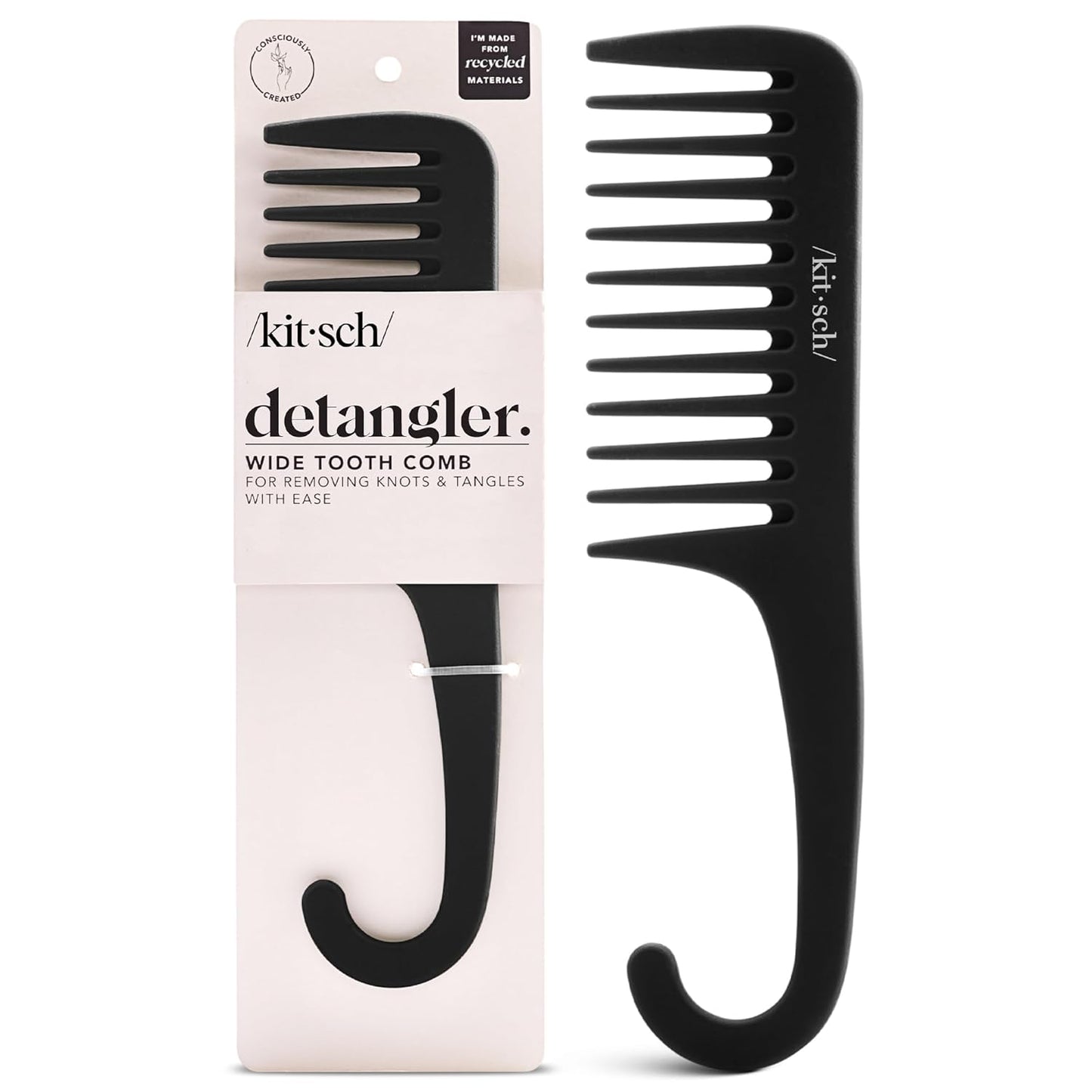 Kitsch Wide Tooth Detangler Comb - Curved Handle for Curly, Wet & Thick Hair, Black Shower Comb for Women