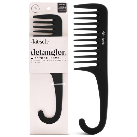 Kitsch Wide Tooth Detangler Comb - Curved Handle for Curly, Wet & Thick Hair, Black Shower Comb for Women