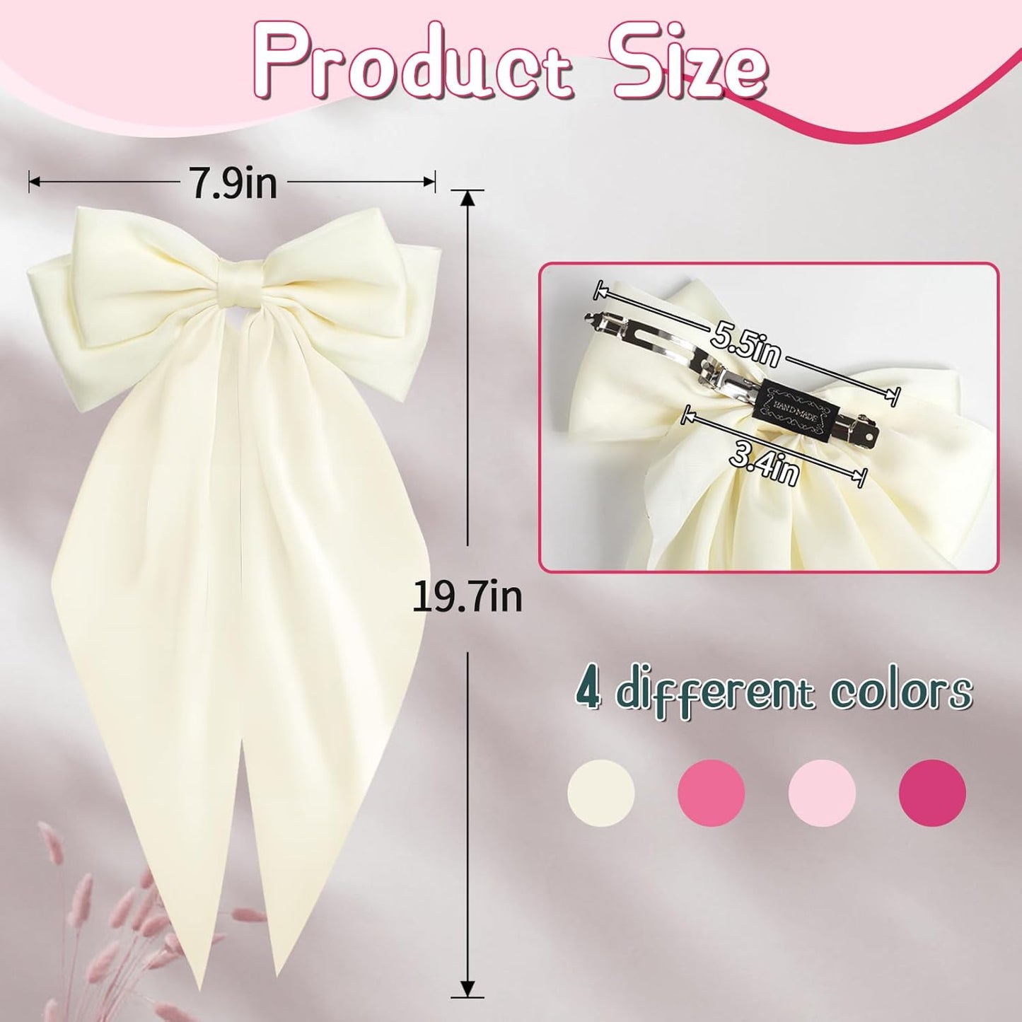 Silky Satin Hair Bows for Women Girls - 4PCS Ribbon Bows for Hair, Big Bow Hair Clips with Long Tail, Barrettes - Cute Hair Accessories Gifts (Hot Pink, Light Pink, Royal Pink, Beige)