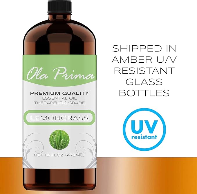 Ola Prima Lemongrass Essential Oil for Aromatherapy, Diffuser, Cleaning, Skin, Hair Health, Relaxation, Soap & Candle Making (16oz Bulk)