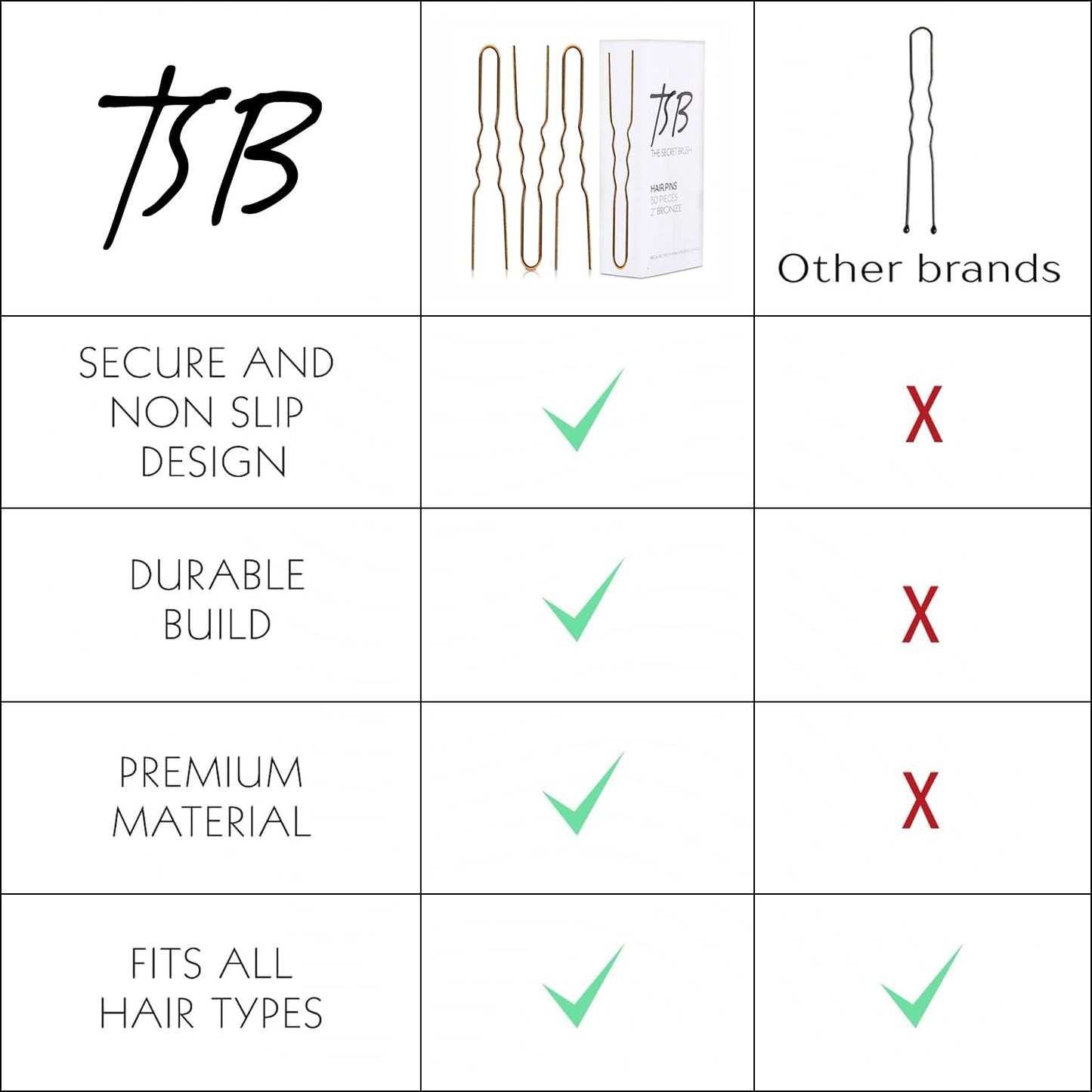 TSB NUSA No.2 Flexible Bronze Hair Pins Set of 50-2.0 Inch Pins Vintage Style, Strong Hold, Comfortable & Sleek Design - Hand Polished Tips - Ideal for Beauty Experts & Hairstyling Professionals