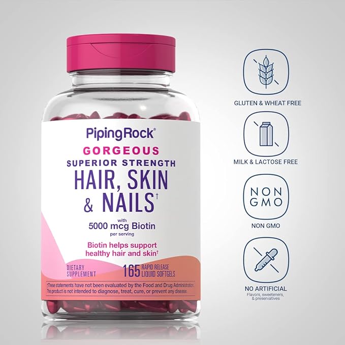 Piping Rock Hair Skin and Nails Vitamins | 165 Softgels | 5000 mcg of Biotin Extra Strength | with Argan and Coconut Oil | Non-GMO, Gluten Free Supplement