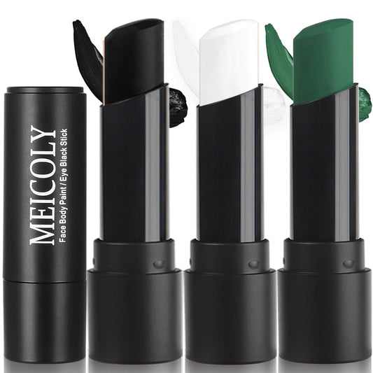 MEICOLY 3PCS Black White and Green Face Body Paint Stick,Face Paint Stick for Halloween SFX Cosplay Clown Skeleton Witch Makeup,Elphaba Face Paint,Waterproof Eye Black Baseball Softball Football