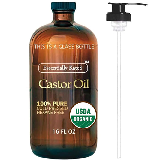 Essentially KateS Castor Oil 16 Fl Oz (Glass Bottle) - 100% Cold Pressed - USDA Organic Certified - Skin Care, Nail Care, Hair Care and Body Care
