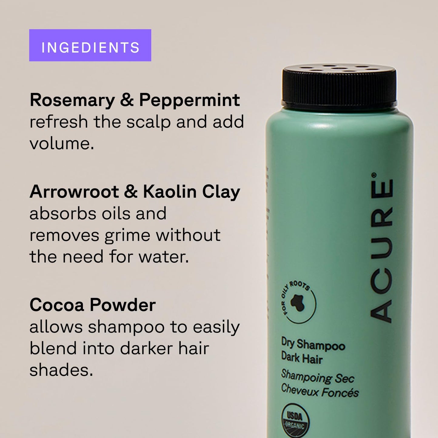 Acure Dry Shampoo - Mini Powder Dry Shampoo for Women with Brunette & Dark Hair, Care to Refresh Treated Color Tinted Hair with Rosemary & Cocoa, Non Aerosol, Clean, 100% Vegan - 1.7 oz Travel Size