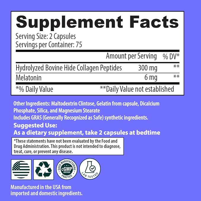 Sanar Naturals Collagen Pills Beauty Sleep with Melatonin 6 mg - Boost Hair Skin Nails Joints - Hydrolyzed Collagen for Women and Men, Collagen Peptides Supplement, 150 Capsules