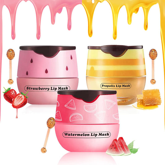 3 Pcs Honey Lip Balm, Strawberry Watermelon Lip Mask, Moisturizing Lip Sleeping Mask, Hydrate Repair Prevent Dry Cracked Lip (Strawberry + Honey + Watermelon)