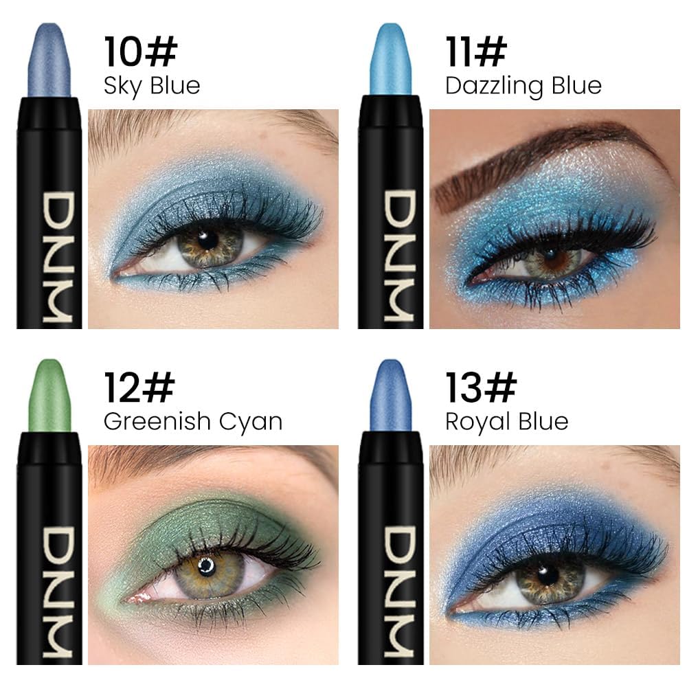 evpct 4Pcs Cream Blue Eyeshadow Stick Pencil Set for Eyes Waterproof Sky Blue Dazzling Blue Greenish Cyan Royal Blue Shimmer Metallic Holographic Eyeshadow Crayon Stick Bulk