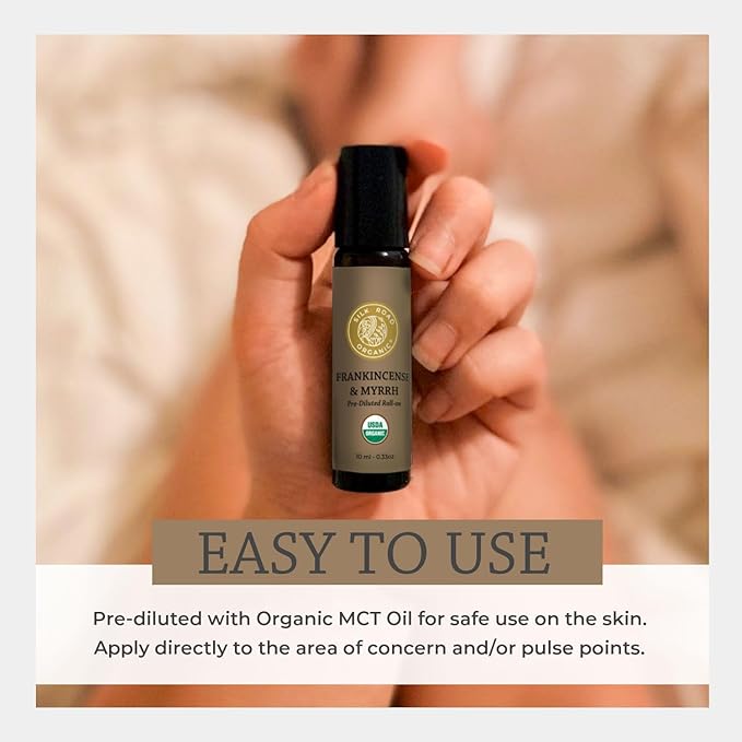 Silk Road Organic Frankincense Oil & Myrrh Essential Oil Roll On, 100% Pure USDA Certified Aromatherapy for Body Aches, Stiffness & Tingling, Stress Relief, & Skin - 10 ml Roller