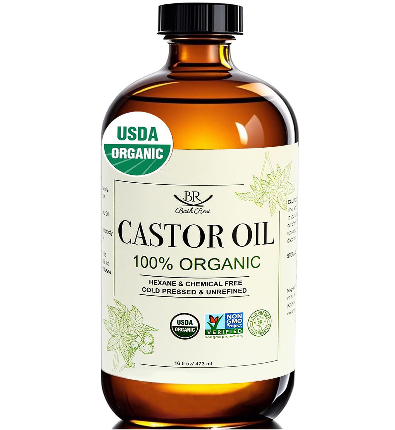 Castor Oil Organic Cold Pressed Unrefined Glass Bottle 100% Pure for Hair Growth Eyelashes Brows Castor Oil Packs, Natural Skin Moisturizer, USDA Certified Hexane Free Vegan 16 oz (473ml)