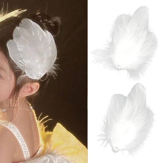 2 Pcs Feather Hair Clips White Swan Headpiece for Women Feather Accessories for Girl Pearl Ostrich Hair Pins Ballet Style Stage Performance