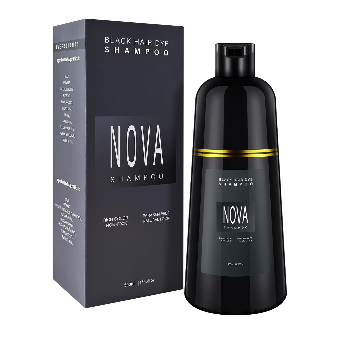 Hair Dye Shampoo & Champu Para Canas - Natural 3-in-1 Instant Gray Coverage for Men & Women (Black-500ml)