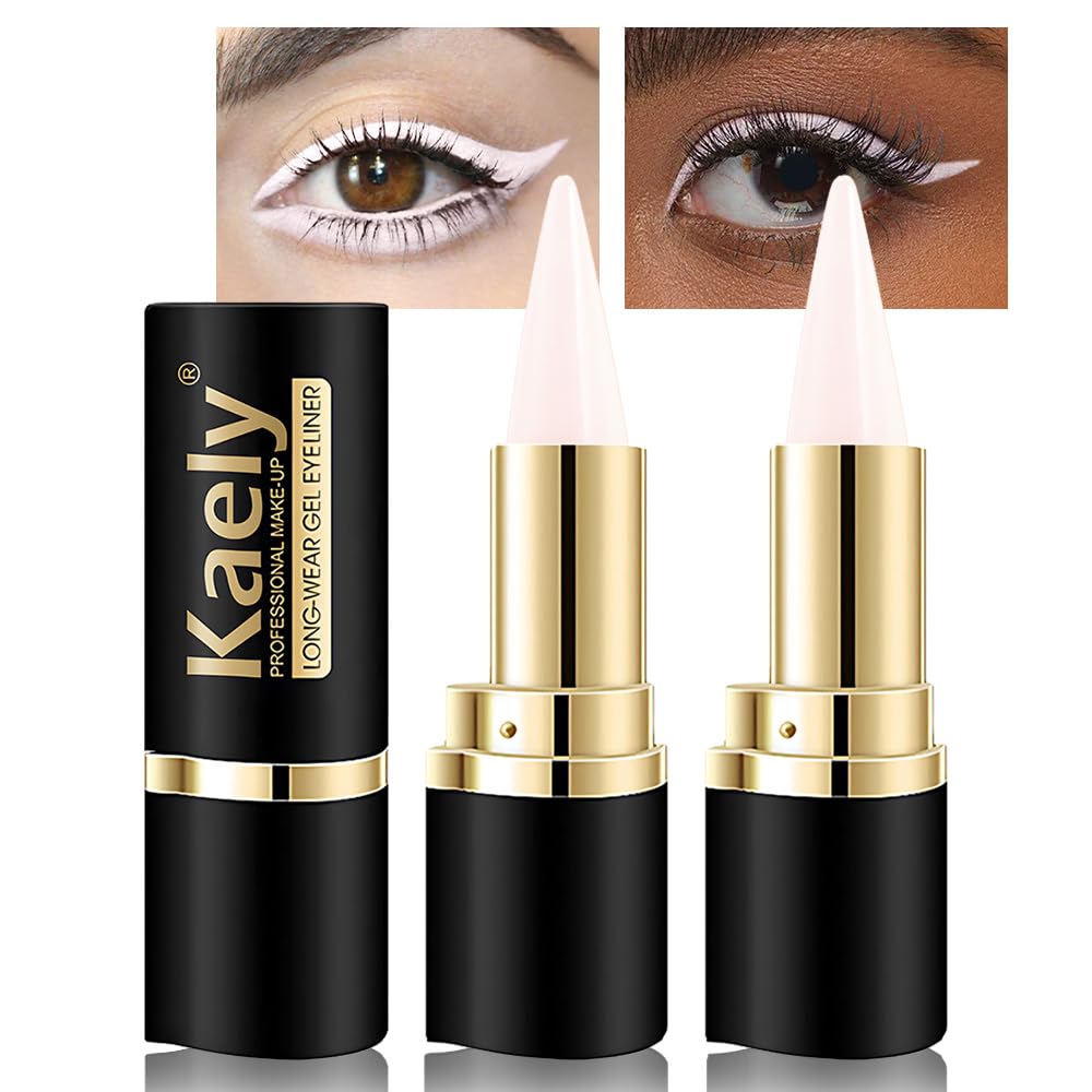 Kaely 2Pcs Quartz Queen White Gel Eyeliner Pencil, Natural Cream Eye Liner Waterproof Smudge Proof, Matte Waterline Eyeliner Eyeshadow Stick, Brighten Eye Makeup, Vegan & Cruelty-Free