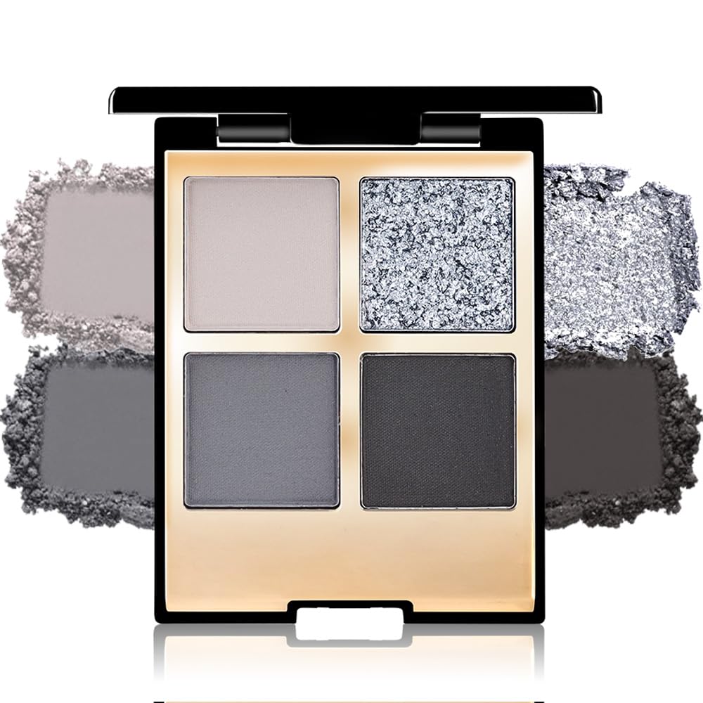 Eyeshadow Quad Makeup Palette – 4 Shades of Black, Gray, Natural, Nude & Smoky Tones, Blendable Matte & Shimmer, Long-Lasting Waterproof, Perfect for Mature & Young Women, with Built-In Mirror 01#