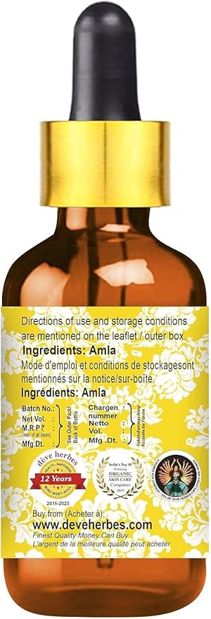 Deve Herbes Pure Amla Oil (Emblica officinalis) with Glass Dropper Natural Therapeutic Grade 10ml (0.33 oz)