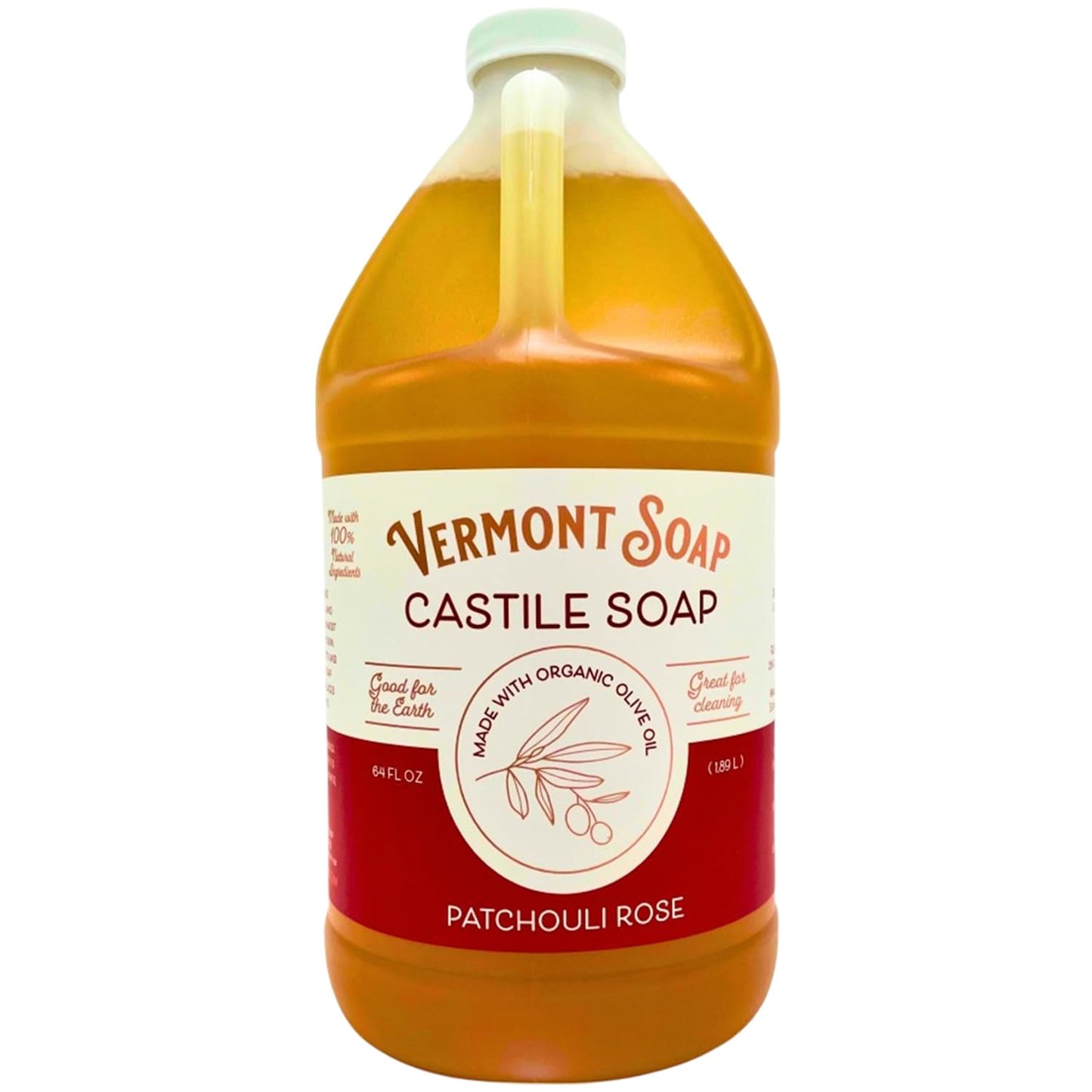 Vermont Castile Soap Patchouli Rose, Gentle Liquid Soap for Sensitive Skin & Natural Body Wash, Organic Hair Shampoo for Oily Hair, Aloe Castile Soap for Men & Women - 64 Oz