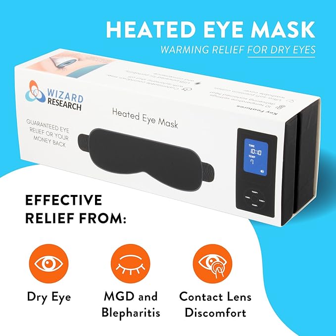 Electric Heated Eye Mask to Relieve Dry Eyes, Styes, Irritated Eyes, Gritty Eyes, Burning Eyes, Puffiness, Computer Strain, Blepharitis, MGD, Migraines & Stress. Patented As Seen on TV. 10 Heat Levels