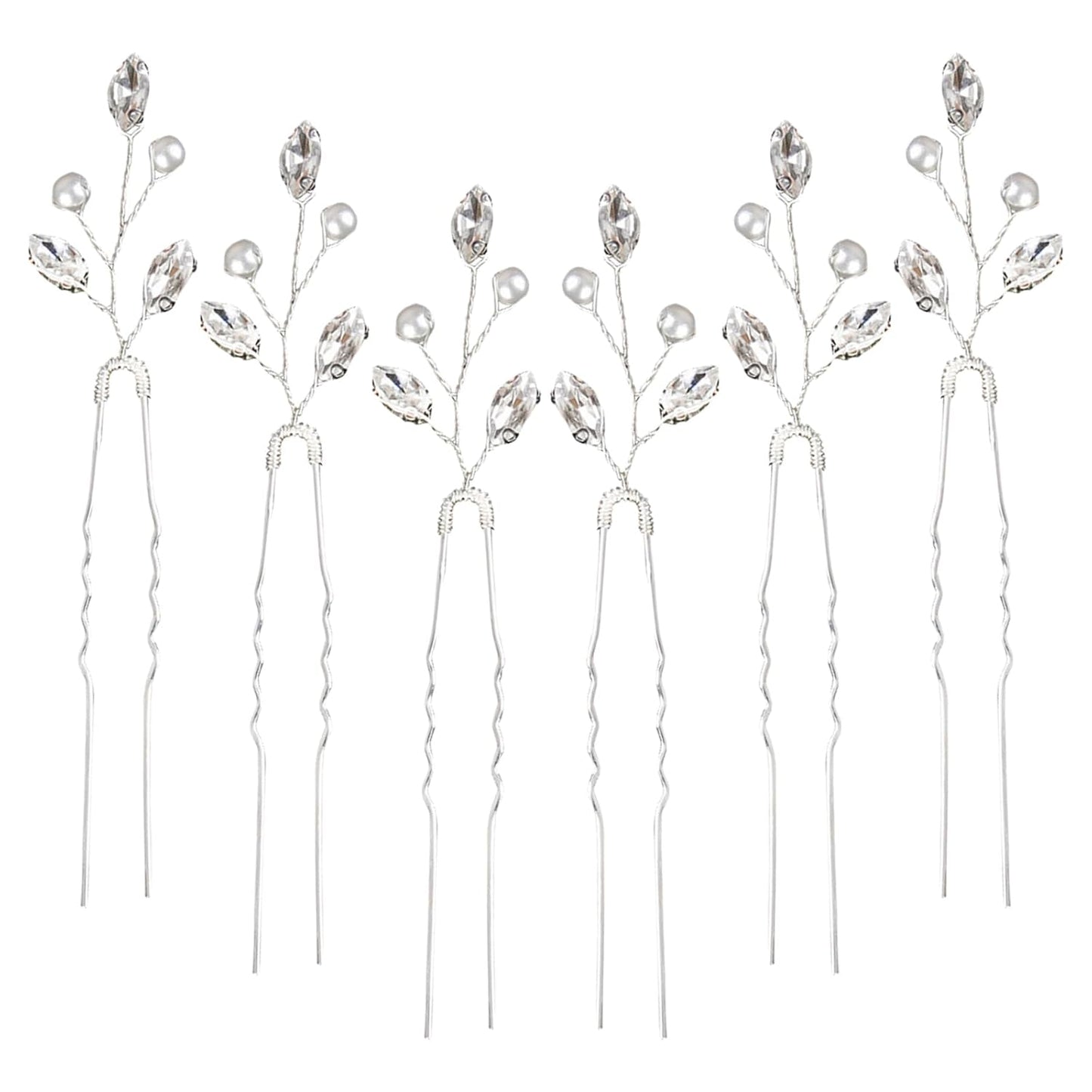 6PCS Silver Hair Pins with Pearls and Crystals for Women and Girls. U Shaped Rhinestone hair accessories for Daily Use or Various Parties. Wedding Hair Clips for Bridal, Bridesmaids and Flower Girls