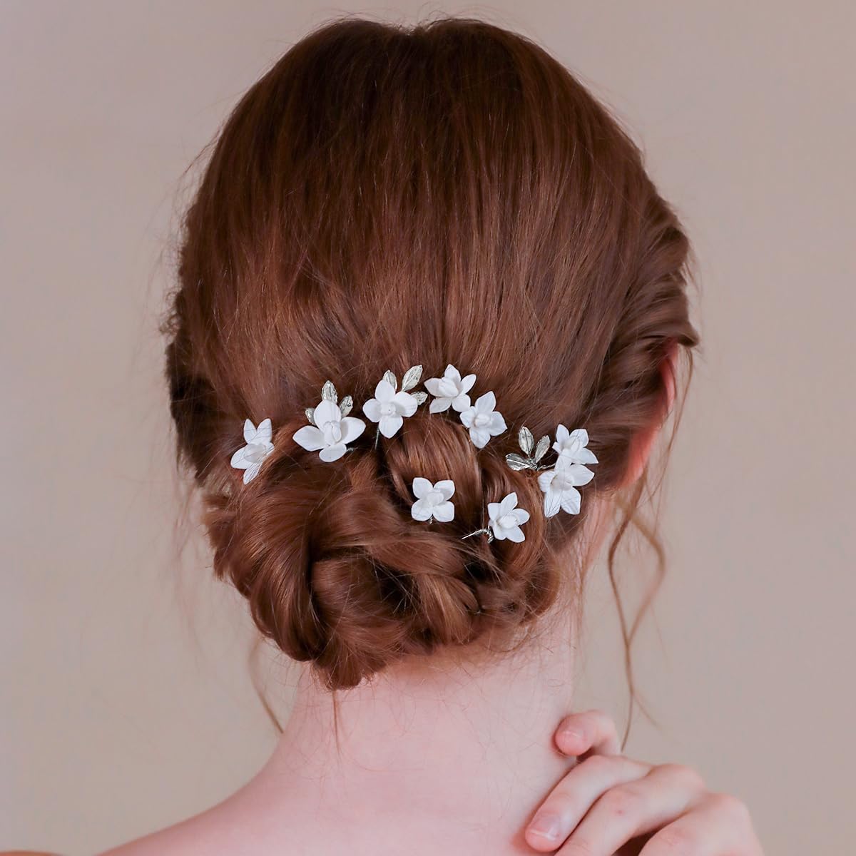 Handmade Bridal Wedding Hair Pins 7 Pcs Polymer Clay White Flower Hair Clips Silver Wedding Hair Accessories for Women Bride Bridesmaid