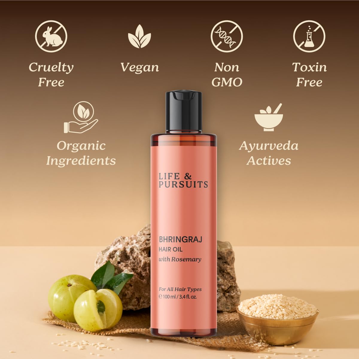 Life & Pursuits Bhringraj Hair Growth Oil 3.4 Fl Oz, Natural Ayurveda Scalp Therapy For Men & Women| Rosemary, Amla, Hibiscus, Tea Tree & Coconut| Reduces Itchiness & Dryness| Nourishes Damaged Hair