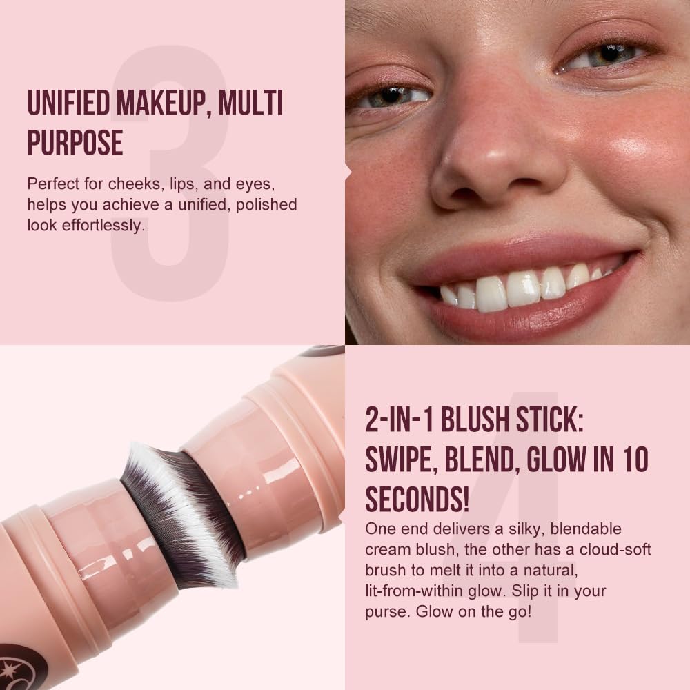 Multi-Use Waterproof Makeup Cream Blush Stick with Brush, Unidollss 3-in-1 Contour Bronzer Blush Stick for Cheeks, Eyes, and Lips, All day wear, Easy Application (07 MOCHA)