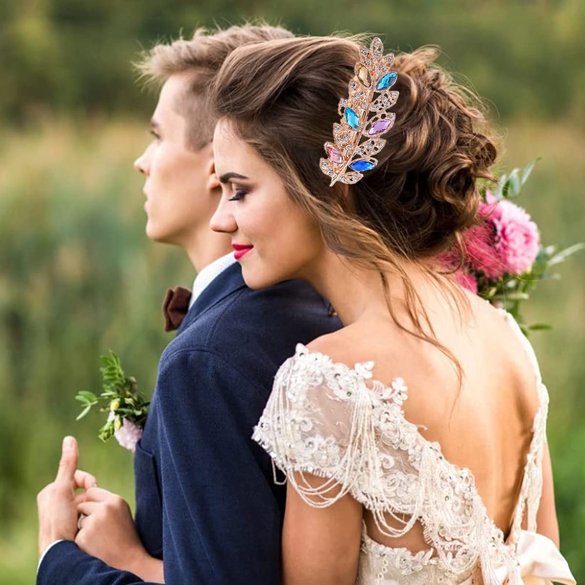 2 Pcs Crystal Rhinestones Hair Clips for Women, Sparkly Glitter Flower Hair Barrettes Metal Spring Hair Pins 8cm, 2-Leaf Multicolor B