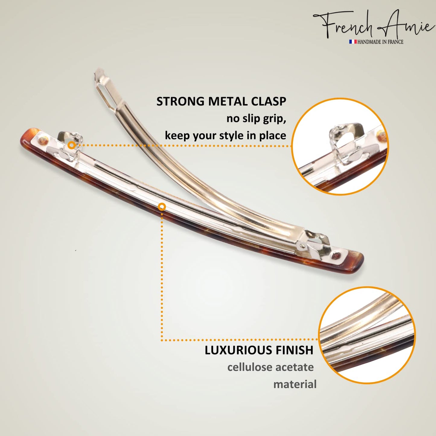 French Amie Long and Thin Caramel Large 4” Handmade Celluloid Automatic Sleek Hair Clip Barrette for Women and Girls (Caramel)