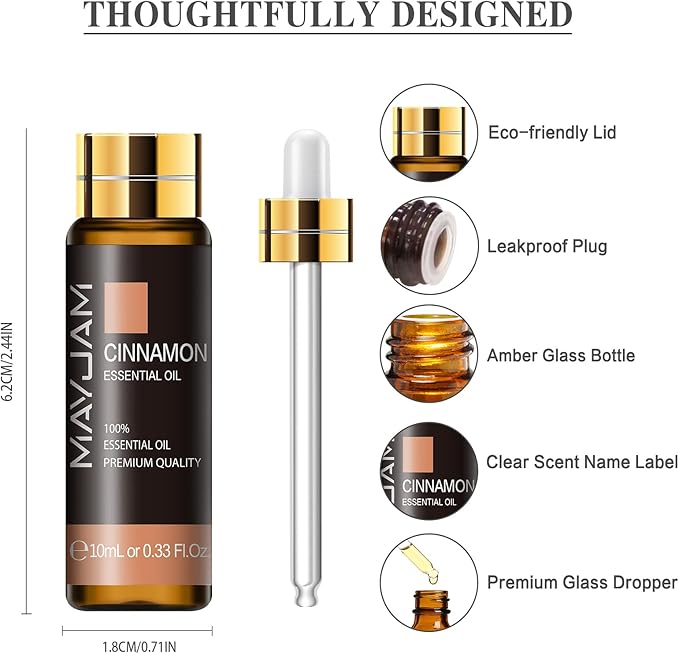 Cinnamon Essential Oil, MAYJAM 10ML/0.33FL.OZ Premium Cinnamon Oils for Soap Candle Making, Diffuser, Bedroom, Living Room, Office