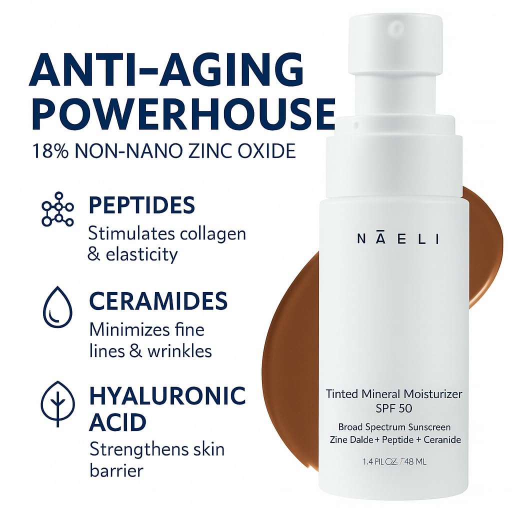 NAELI Anti Aging Tinted Moisturizer SPF 50, Mineral Sunscreen for Face with Zinc Oxide, Peptides & Ceramides, Natural Hydrating Dark Tint - 1.4 oz
