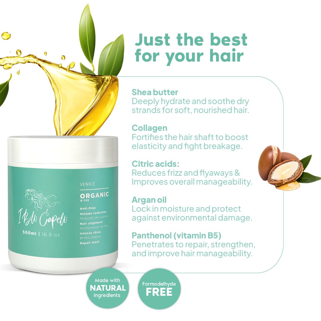 I Belli Capelli Venice Botox Hair Treatment - Reduce Frizz, Smoothness, Rejuvenates Dry and Damaged Hair, Deep Hydration, Volume Control,-Formaldehyde-Free, Organic Hair Botox (17.6 oz/500 ml)