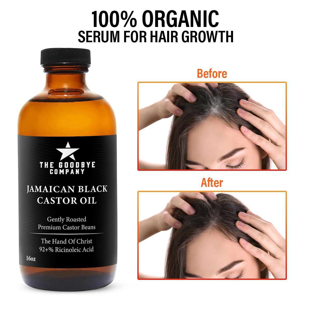 The Goodbye Company Black Castor Oil for Hair Growth – Organic, Cold-Pressed & Unrefined 100% Pure & Hexane-Free - Glass Bottle (450mL) Nourishing Oil for Eyebrow, Eyelash & Stronger Hair (16.9 oz)