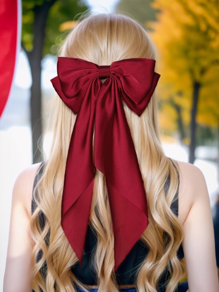 Women Big Bow Barrettes Girl's Satin Hairclips Long Ribbon Hair Pins Accessories For Party (Burgundy)