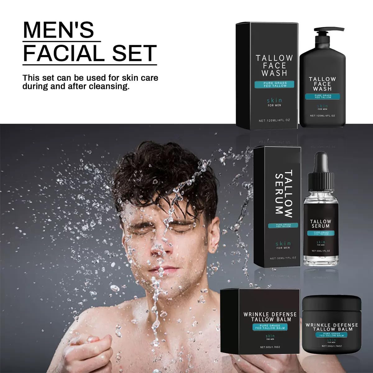 3PCS Men's Skin Care Set: Natural Tallow Anti-Wrinkle Balm, Nourishing Face Wash, Night Anti-Aging Serum, Revitalize Skin, Exclusive for Men (3PCS)