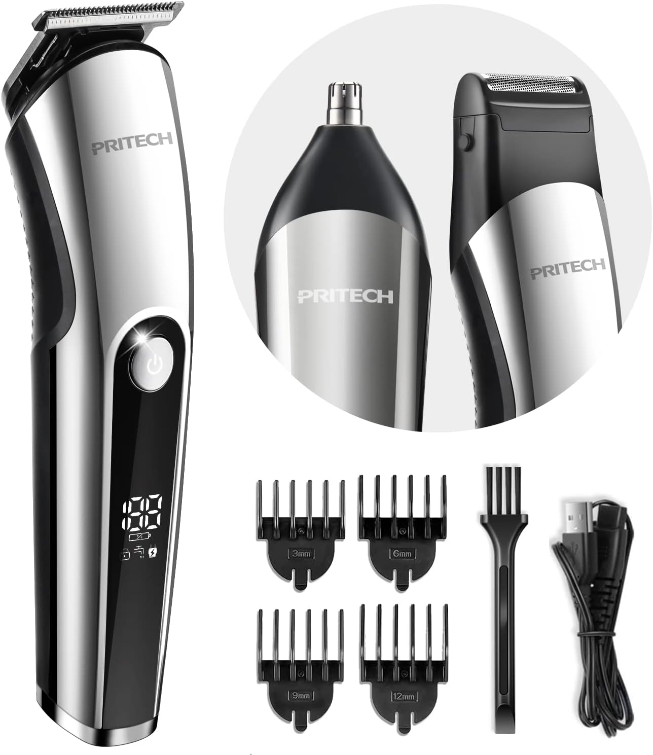 PRITECH Beard Trimmer for Men, 3 in 1 Hair Clippers for Men Kit, Nose,Ear,Micro Electric Shaver, Mens Grooming Set Cordless with LED Display IPX6 Waterproof (Silver)
