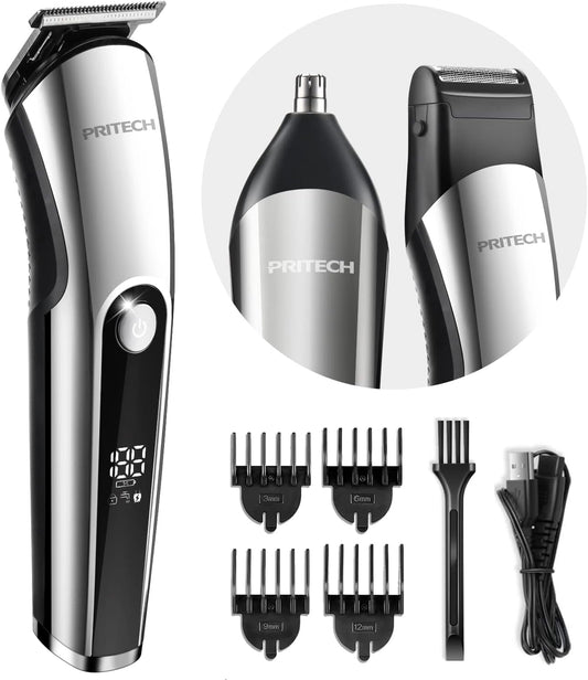 PRITECH Beard Trimmer for Men, 3 in 1 Hair Clippers for Men Kit, Nose,Ear,Micro Electric Shaver, Mens Grooming Set Cordless with LED Display IPX6 Waterproof (Silver)