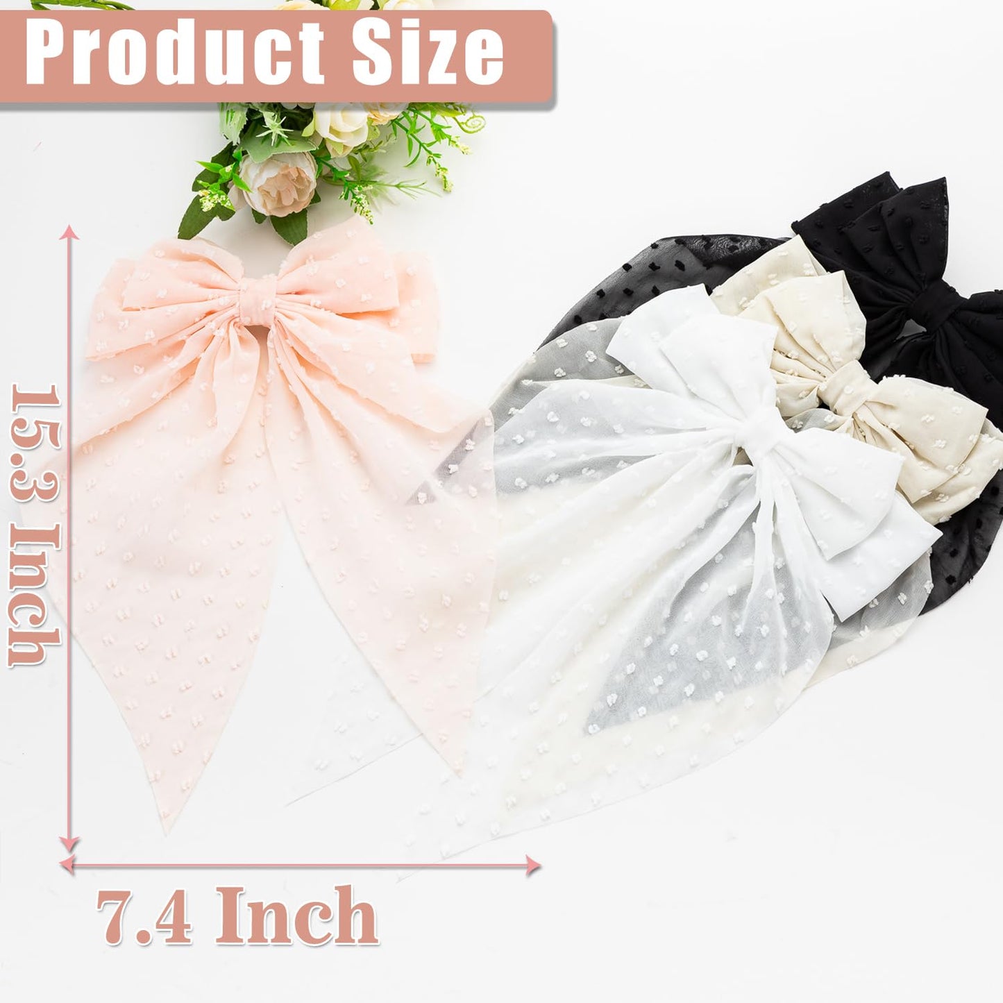 Large Hair Bows 4 PCS - Cute Oversized Ribbon Bows for Women in Beige, Light Pink, White, Black - Hair Barrettes for Different Occasions